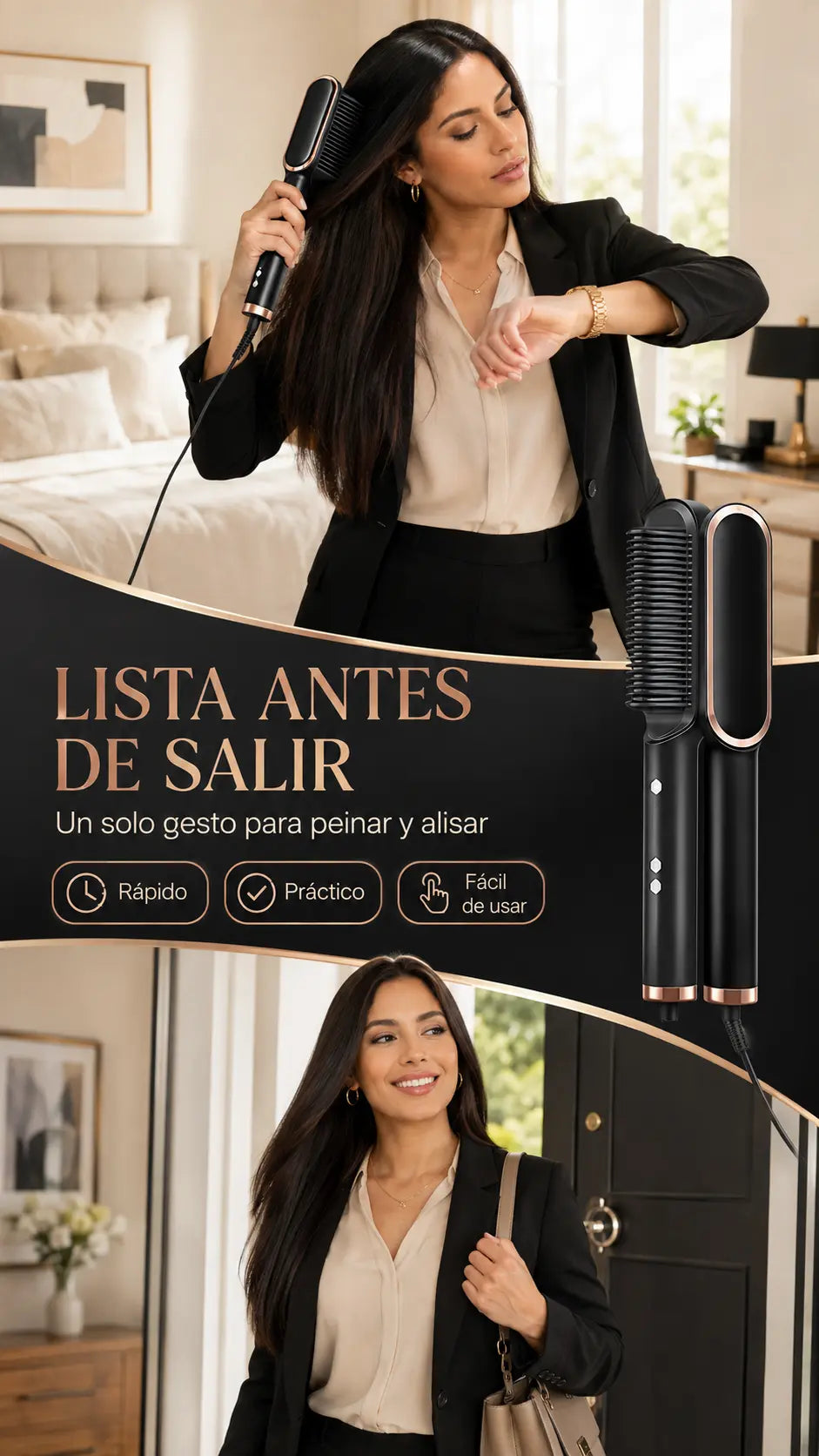 Mujer alisando su cabello antes de salir
