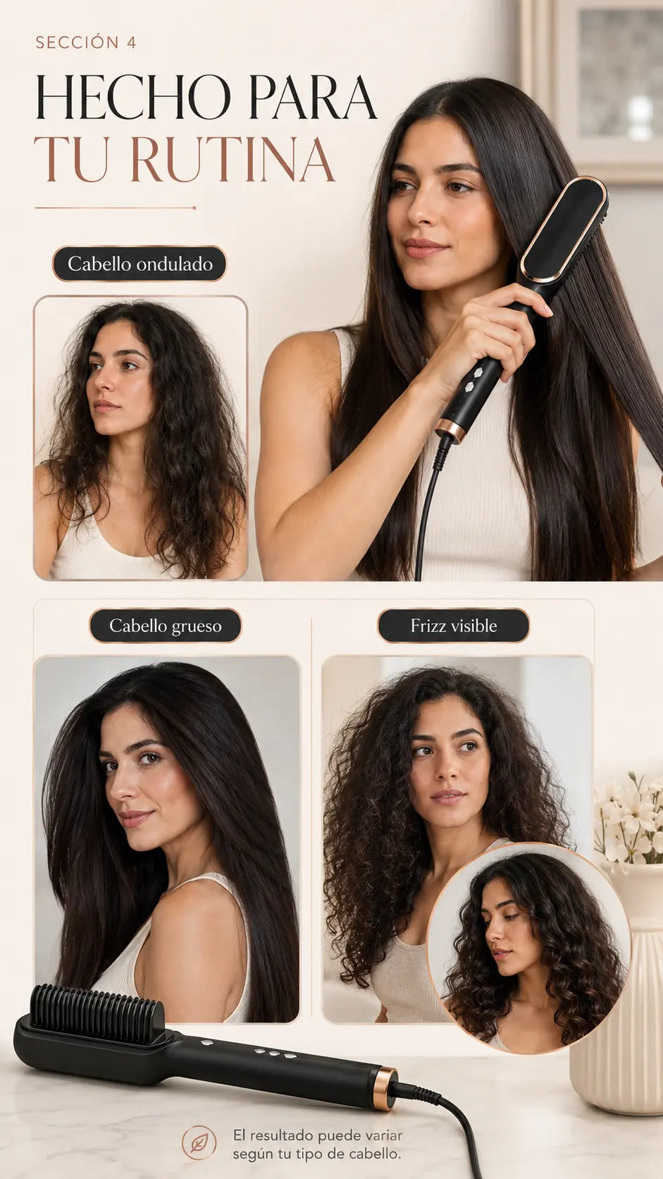 Resultados del cepillo en diferentes tipos de cabello